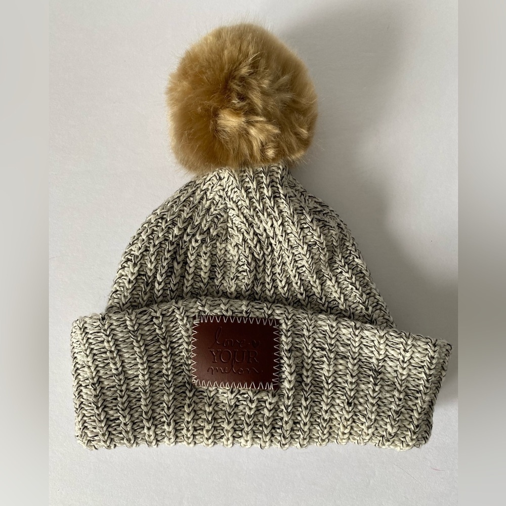 Love Your Melon Beanie Toboggan Hat With Removable Pompom Brown Oatmeal Logo OS